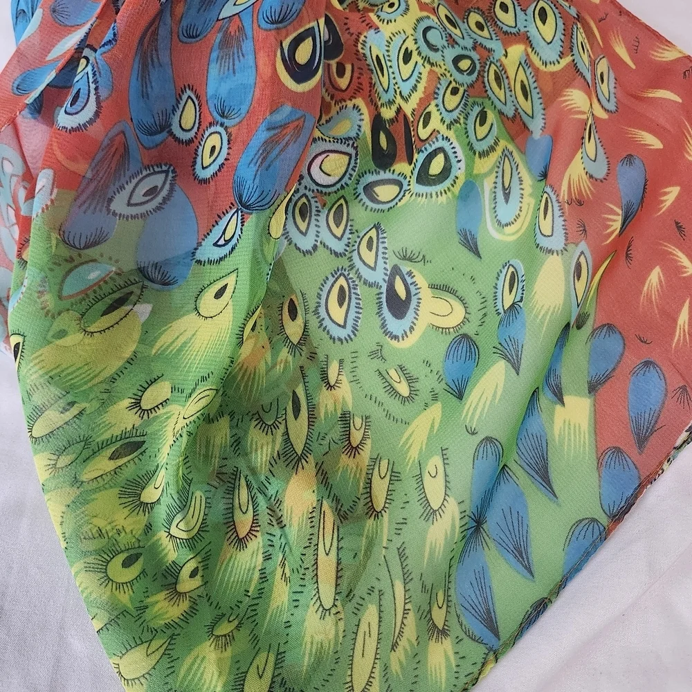 Colorful Peacock-Pattern Lightweight Women's Scarf - Blue, Orange, Green